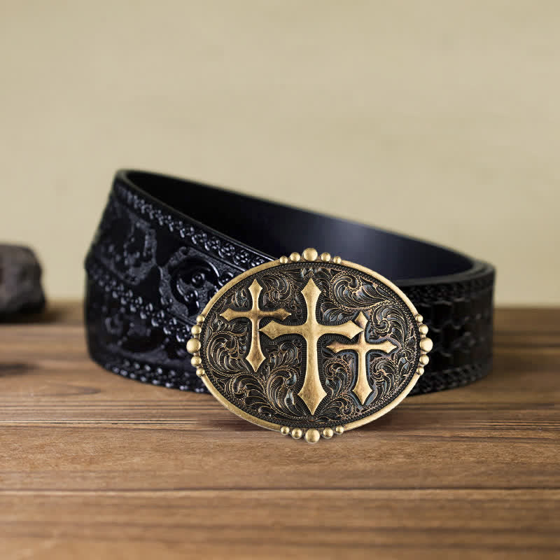 Men's DIY Three Crosses Attitude Buckle Leather Belt - Cross - Black Carved Belt (40) - image 8