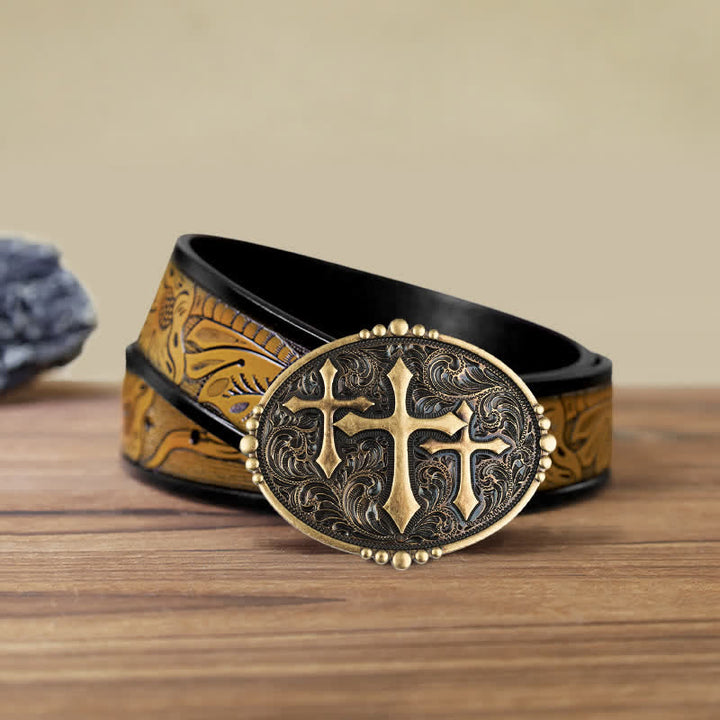 Men's DIY Three Crosses Attitude Buckle Leather Belt - Cross - SandyBrown Belt (40) - image 12