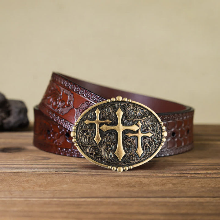 Men's DIY Three Crosses Attitude Buckle Leather Belt - Cross - Brown Carved Belt (40) - image 10