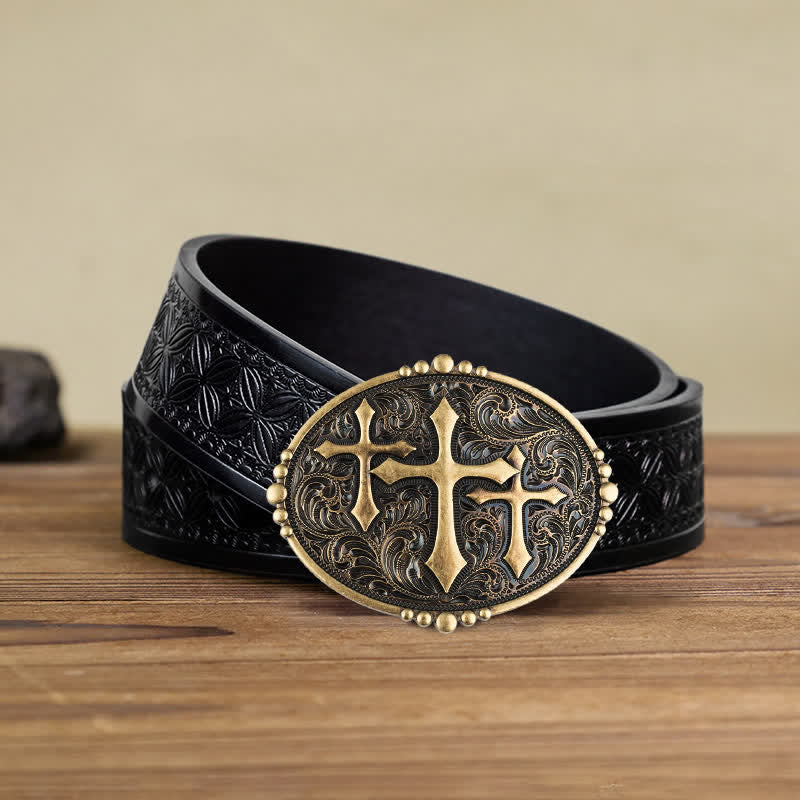 Men's DIY Three Crosses Attitude Buckle Leather Belt - Cross - Black Embossed Weave Belt (40) - image 6