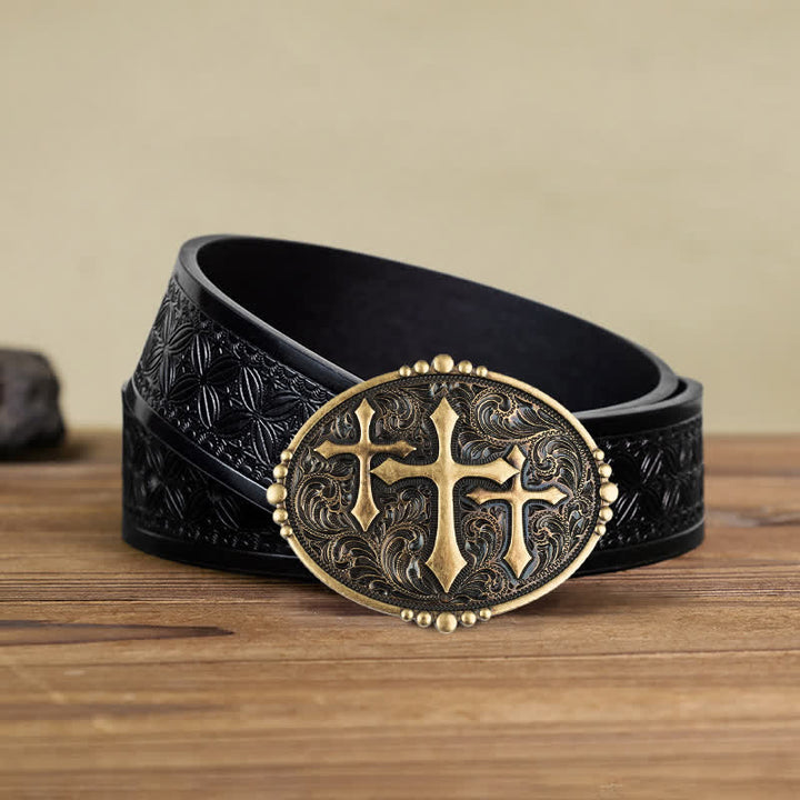 Men's DIY Three Crosses Attitude Buckle Leather Belt - Cross - Black Embossed Weave Belt (40) - image 6