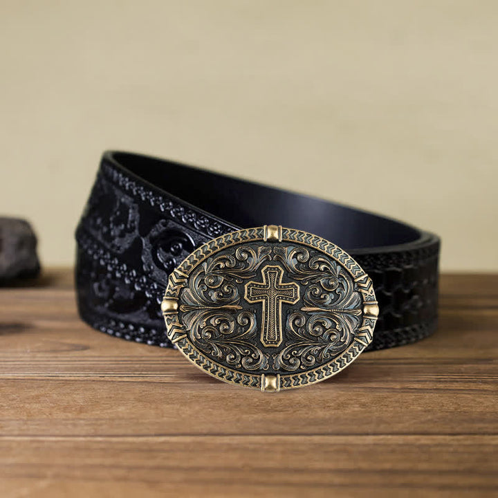 Men's DIY Center Cross Attitude Buckle Leather Belt - Antique Bronze - Black Carved Belt (40) - image 14
