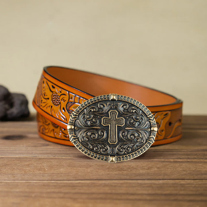 Men's DIY Center Cross Attitude Buckle Leather Belt - Antique Bronze - Orange Carved Belt (40) - image 23