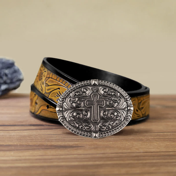 Men's DIY Center Cross Attitude Buckle Leather Belt - Antique Silver - SandyBrown Belt (40) - image 19