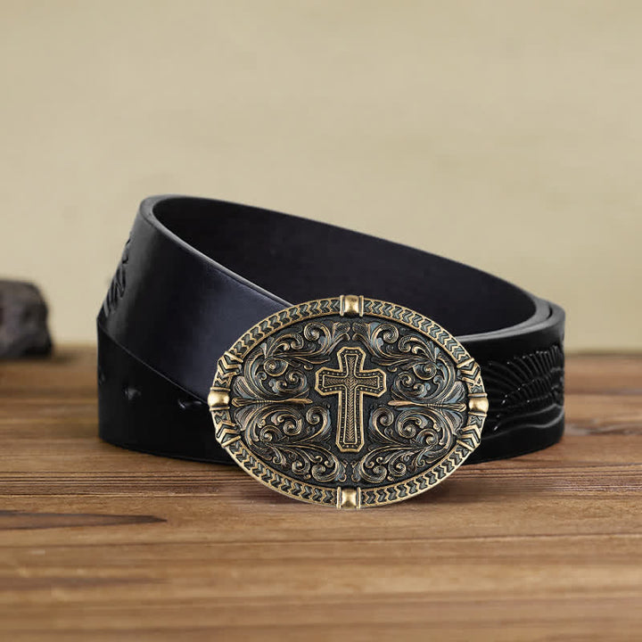 Men's DIY Center Cross Attitude Buckle Leather Belt - Antique Bronze - Black Embossed Eagle Belt (40) - image 8