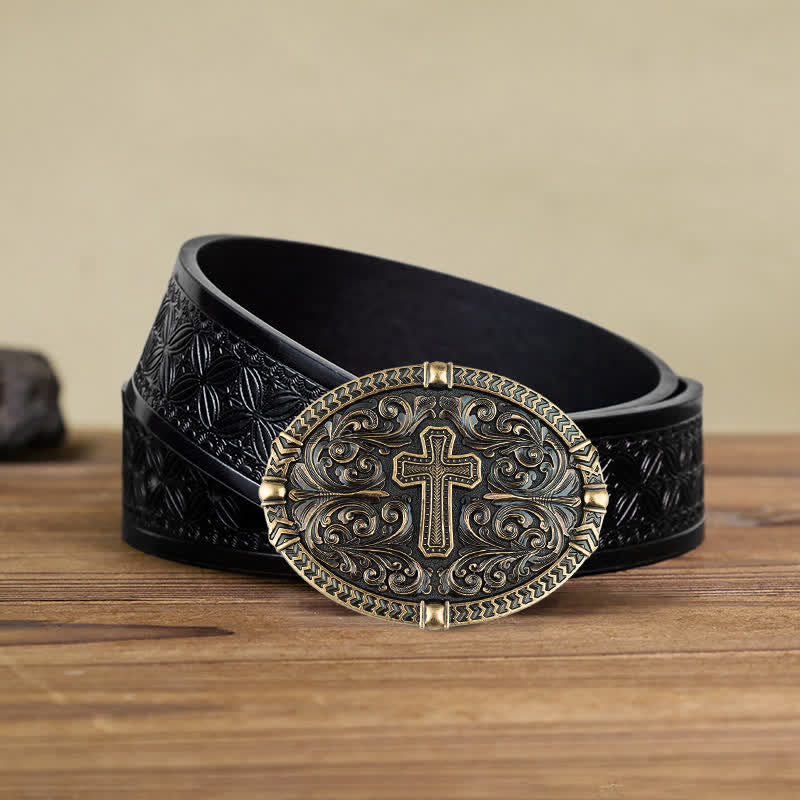 Men's DIY Center Cross Attitude Buckle Leather Belt - Antique Bronze - Black Embossed Weave Belt (40) - image 11