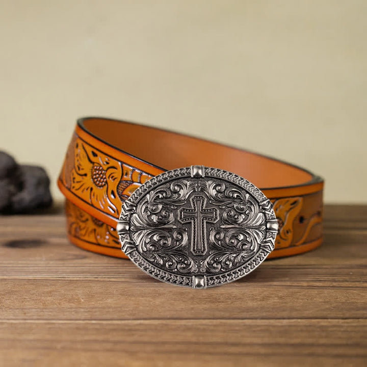 Men's DIY Center Cross Attitude Buckle Leather Belt - Antique Silver - Orange Carved Belt (40) - image 22