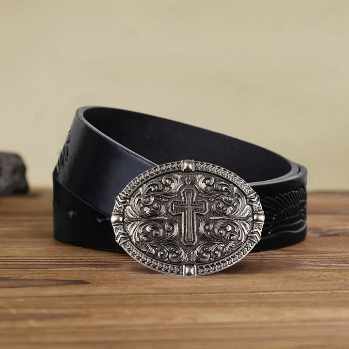 Men's DIY Center Cross Attitude Buckle Leather Belt - Antique Silver - Black Embossed Eagle Belt (40) - image 7