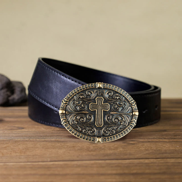 Men's DIY Center Cross Attitude Buckle Leather Belt - Antique Bronze - Black PU Belt (40) - image 5