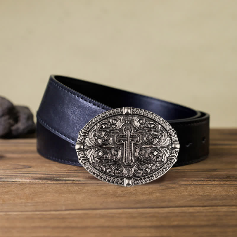Men's DIY Center Cross Attitude Buckle Leather Belt - Antique Silver - Black PU Belt (40) - image 4