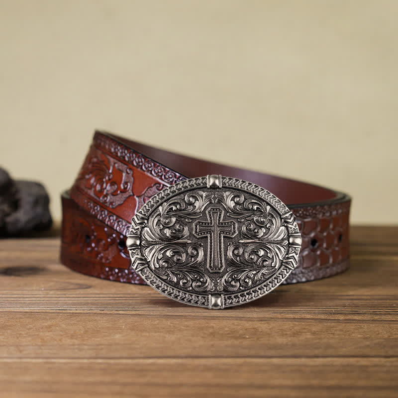 Men's DIY Center Cross Attitude Buckle Leather Belt - Antique Silver - Brown Carved Belt (40) - image 16