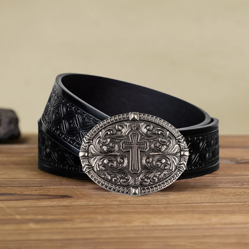 Men's DIY Center Cross Attitude Buckle Leather Belt - Antique Silver - Black Embossed Weave Belt (40) - image 10