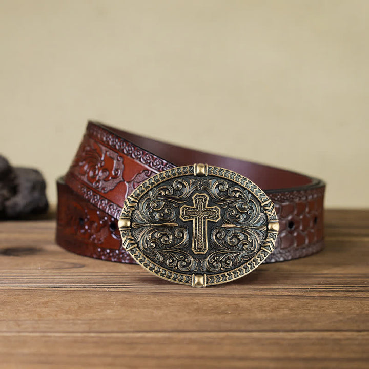 Men's DIY Center Cross Attitude Buckle Leather Belt - Antique Bronze - Brown Carved Belt (40) - image 17