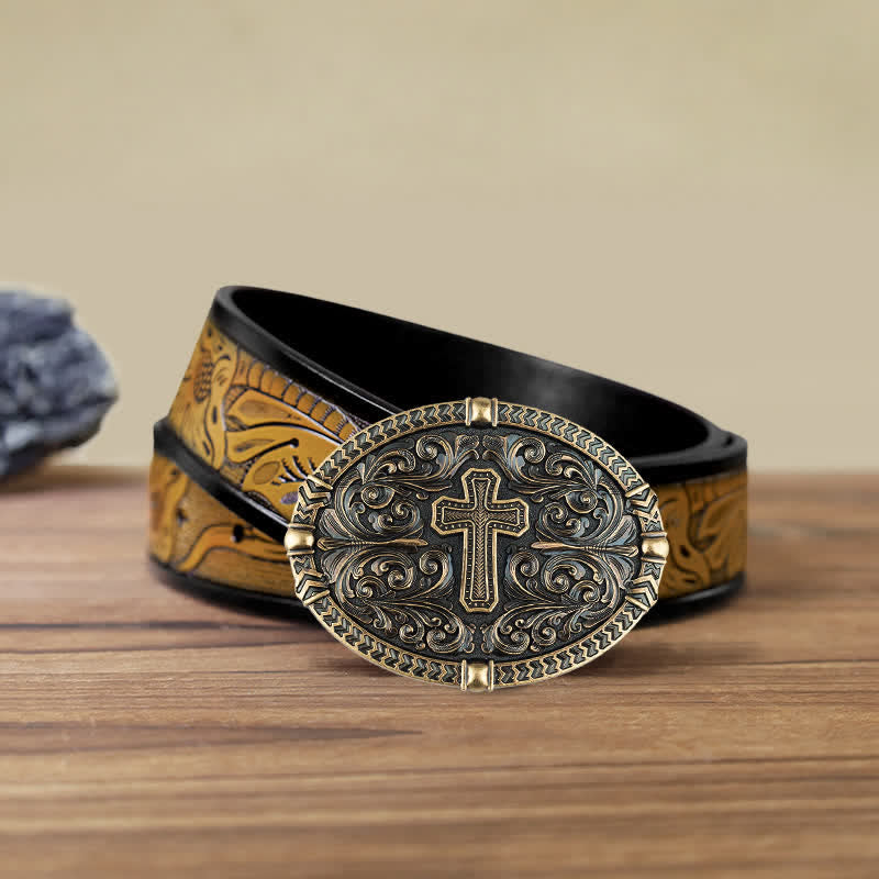 Men's DIY Center Cross Attitude Buckle Leather Belt - Antique Bronze - SandyBrown Belt (40) - image 20