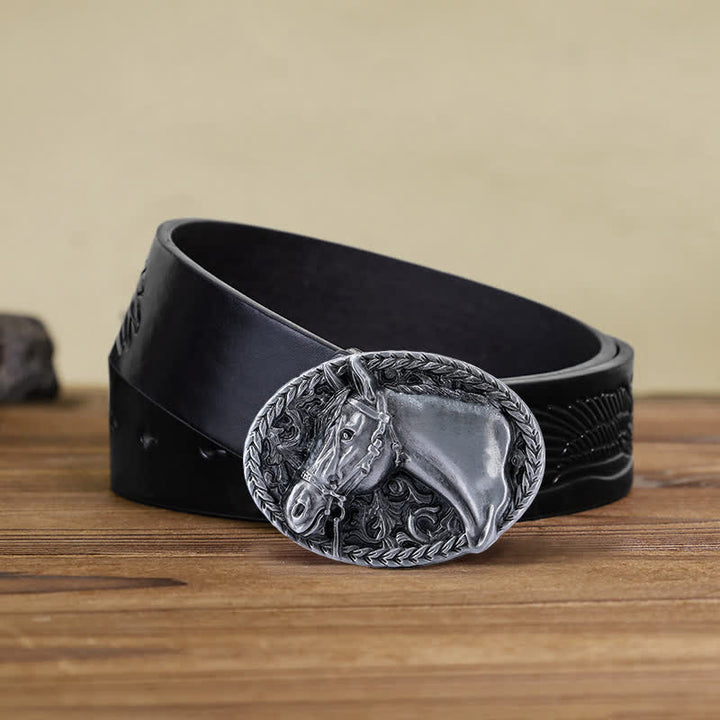 Men's DIY Engraved Horse Head Buckle Leather Belt - Antique Silver - Black Embossed Eagle Belt (40) - image 10