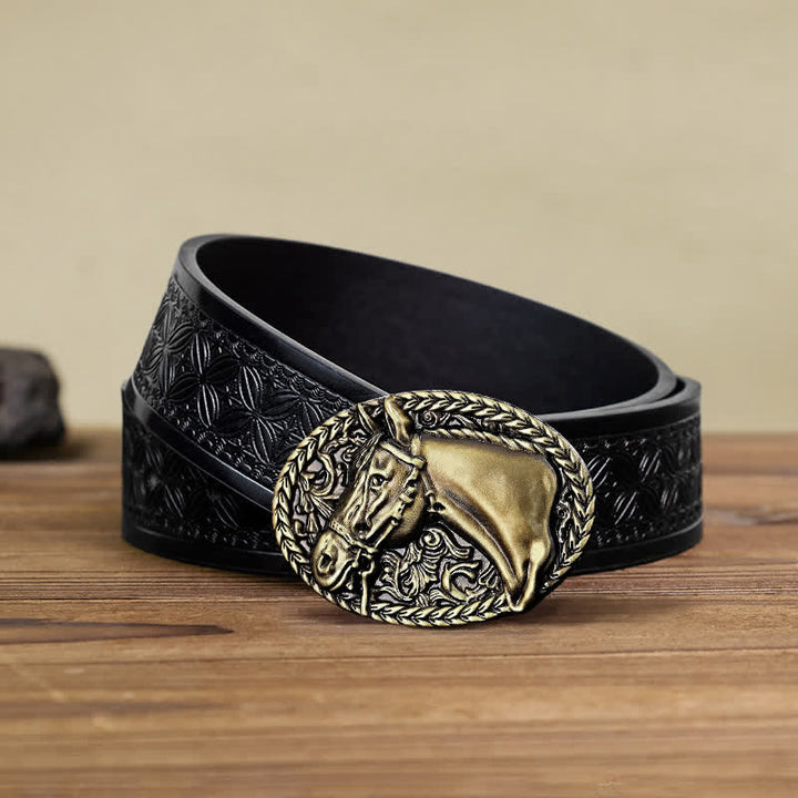 Men's DIY Engraved Horse Head Buckle Leather Belt - Antique Bronze - Black Embossed Weave Belt (40) - image 12