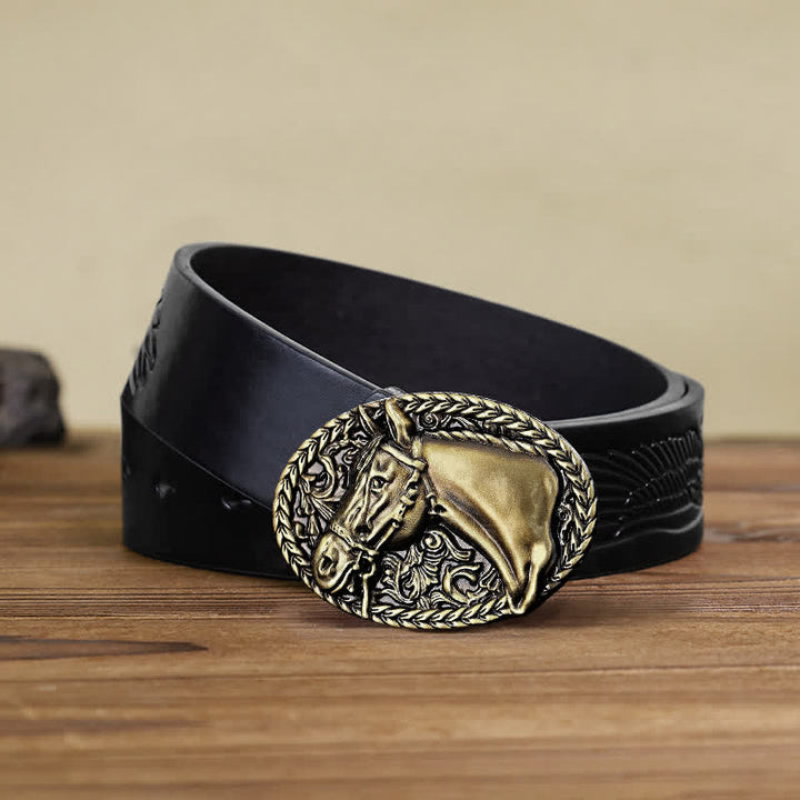 Men's DIY Engraved Horse Head Buckle Leather Belt - Antique Bronze - Black Embossed Eagle Belt (40) - image 9