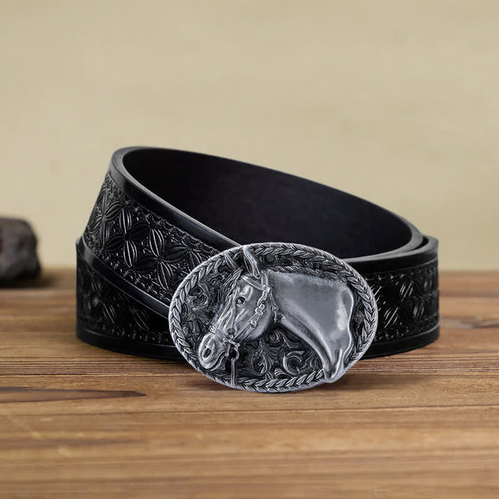 Men's DIY Engraved Horse Head Buckle Leather Belt - Antique Silver - Black Embossed Weave Belt (40) - image 13