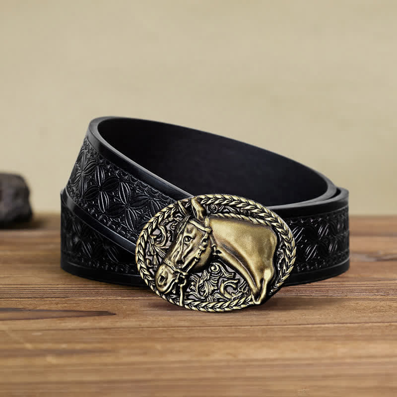 Men's DIY Engraved Horse Head Buckle Leather Belt - Antique Bronze - Black Embossed Weave Belt (40) - image 12