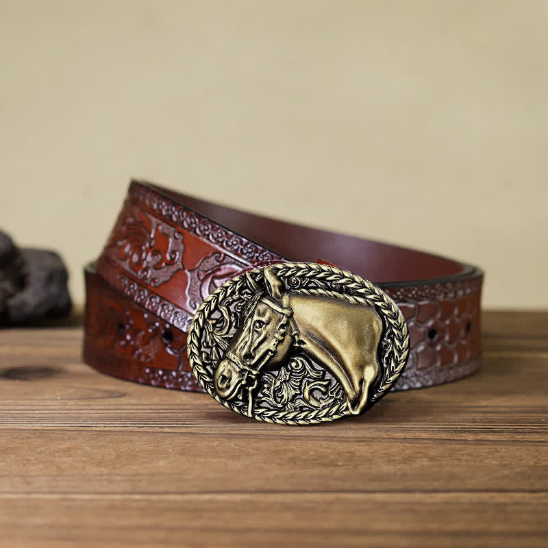 Men's DIY Engraved Horse Head Buckle Leather Belt - Antique Bronze - Brown Carved Belt (40) - image 18