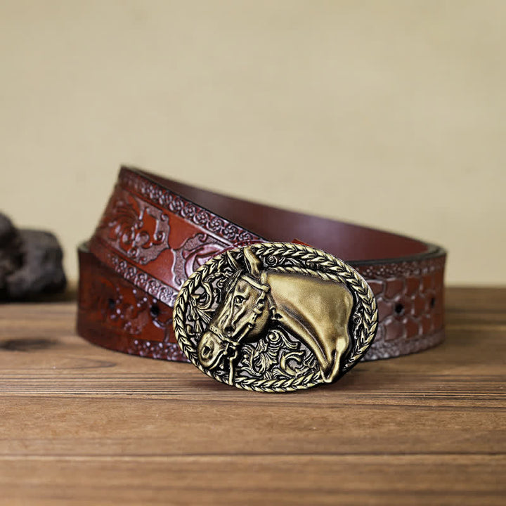Men's DIY Engraved Horse Head Buckle Leather Belt - Antique Bronze - Brown Carved Belt (40) - image 18