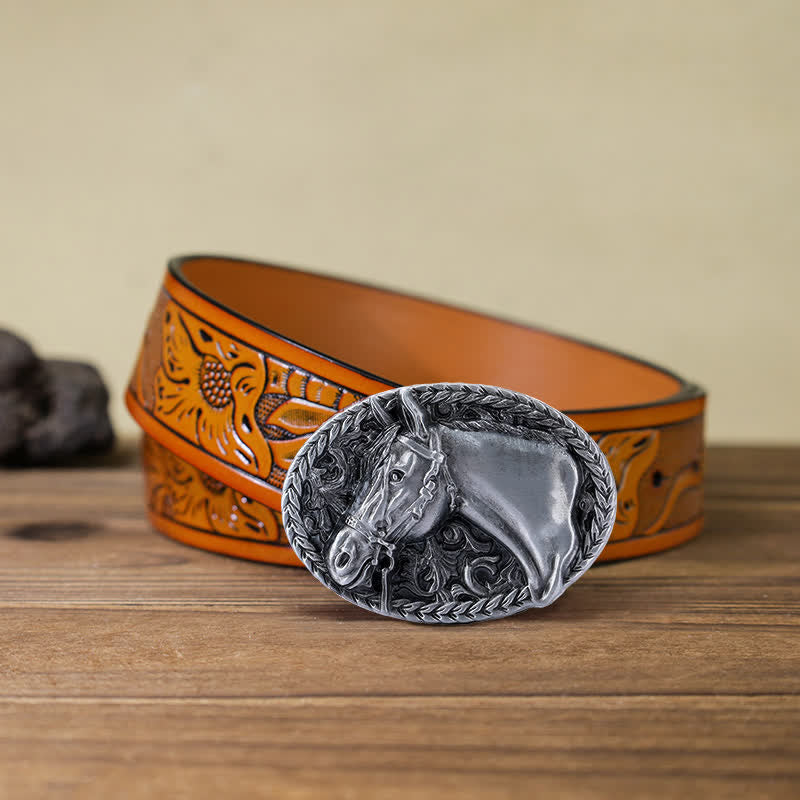 Men's DIY Engraved Horse Head Buckle Leather Belt - Antique Silver - Orange Carved Belt (40) - image 25