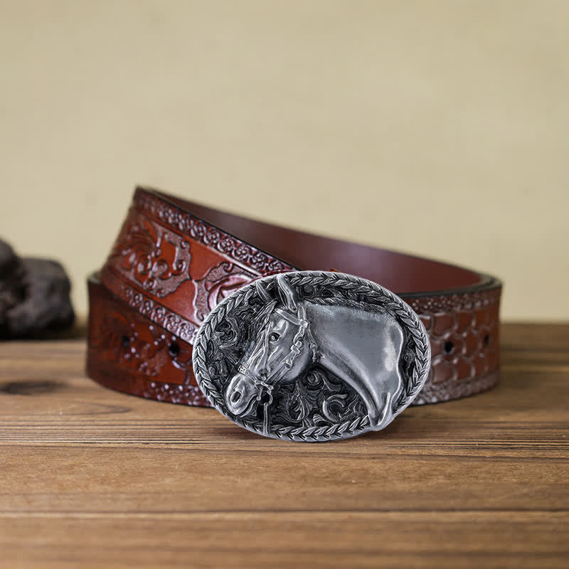 Men's DIY Engraved Horse Head Buckle Leather Belt - Antique Silver - Brown Carved Belt (40) - image 19