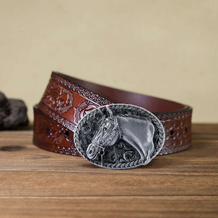 Men's DIY Engraved Horse Head Buckle Leather Belt - Antique Silver - Brown Carved Belt (40) - image 19