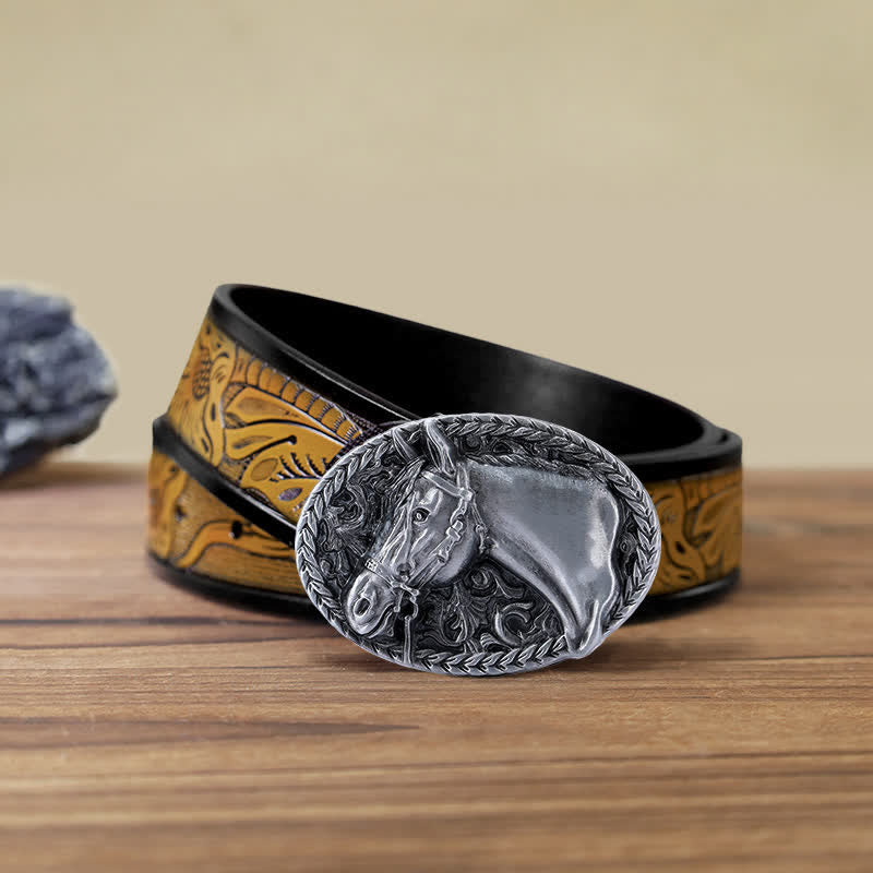 Men's DIY Engraved Horse Head Buckle Leather Belt - Antique Silver - SandyBrown Belt (40) - image 22