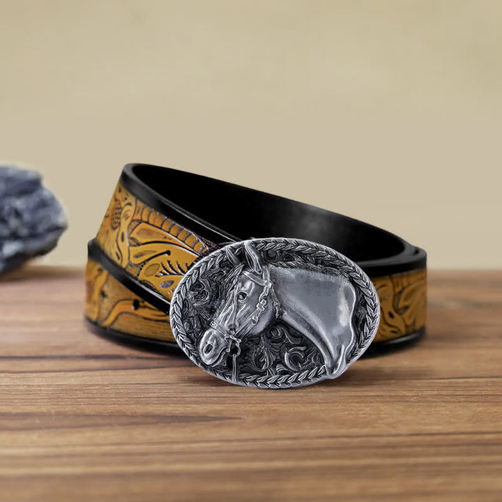 Men's DIY Engraved Horse Head Buckle Leather Belt - Antique Silver - SandyBrown Belt (40) - image 22