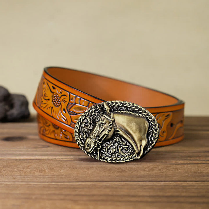 Men's DIY Engraved Horse Head Buckle Leather Belt - Antique Bronze - Orange Carved Belt (40) - image 24