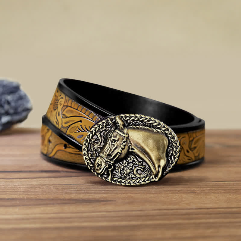 Men's DIY Engraved Horse Head Buckle Leather Belt - Antique Bronze - SandyBrown Belt (40) - image 21