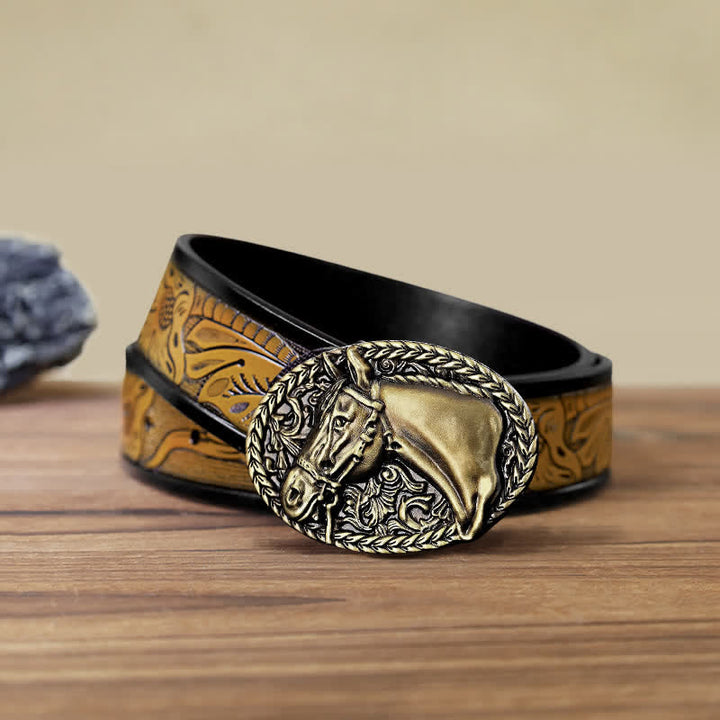 Men's DIY Engraved Horse Head Buckle Leather Belt - Antique Bronze - SandyBrown Belt (40) - image 21