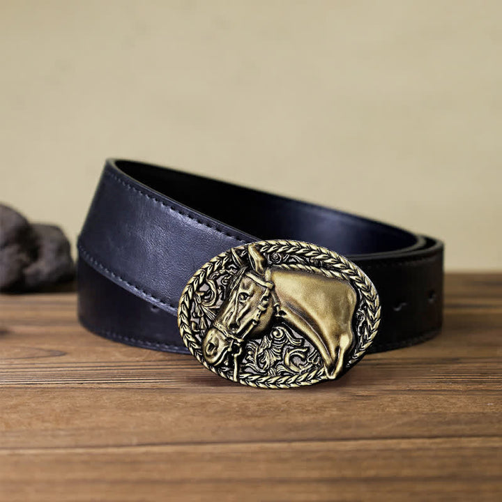 Men's DIY Engraved Horse Head Buckle Leather Belt - Antique Bronze - Black PU Belt (40) - image 6