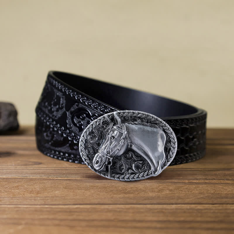 Men's DIY Engraved Horse Head Buckle Leather Belt - Antique Silver - Black Carved Belt (40) - image 16