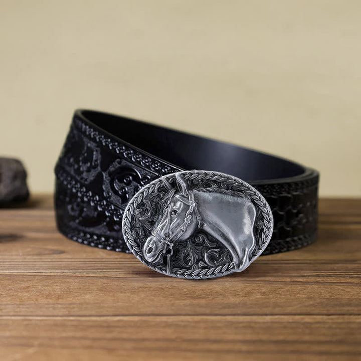 Men's DIY Engraved Horse Head Buckle Leather Belt - Antique Silver - Black Carved Belt (40) - image 16