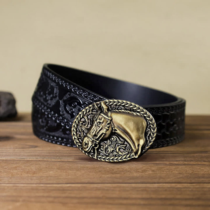 Men's DIY Engraved Horse Head Buckle Leather Belt - Antique Bronze - Black Carved Belt (40) - image 15