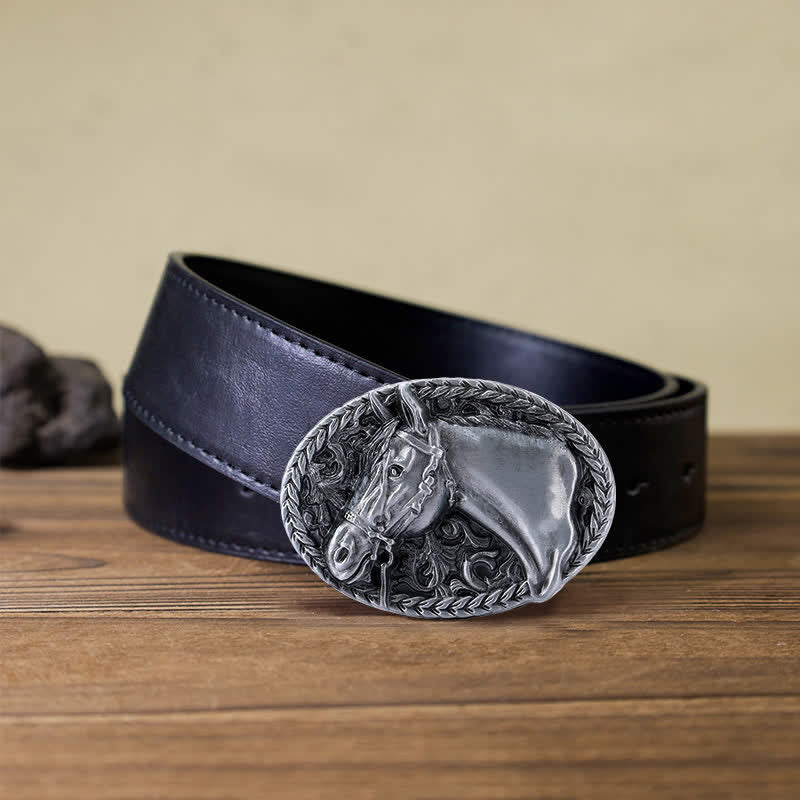 Men's DIY Engraved Horse Head Buckle Leather Belt - Antique Silver - Black PU Belt (40) - image 7