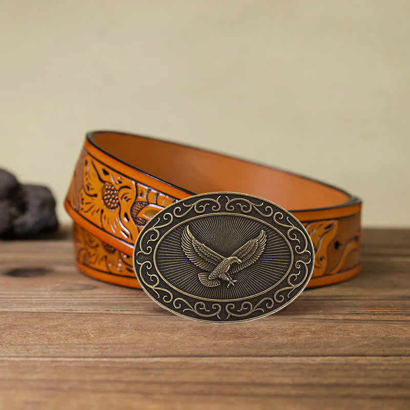 Men's DIY Antique Free Eagle Buckle Leather Belt - Antique Bronze - Orange Carved Belt (40) - image 26