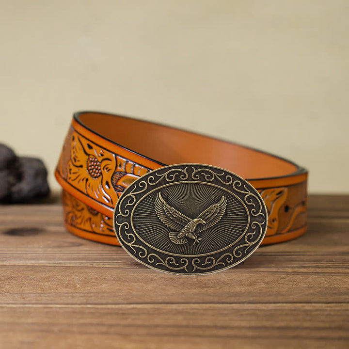 Men's DIY Antique Free Eagle Buckle Leather Belt - Antique Bronze - Orange Carved Belt (40) - image 26