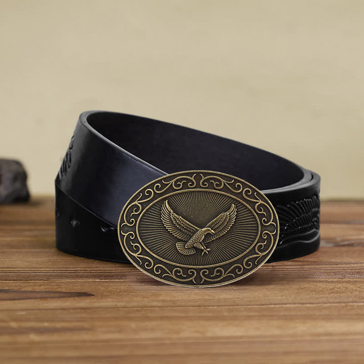 Men's DIY Antique Free Eagle Buckle Leather Belt - Antique Bronze - Black Embossed Eagle Belt (40) - image 11