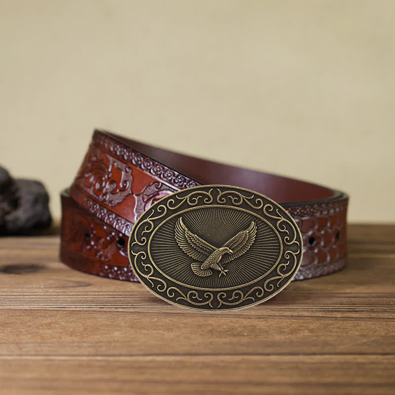 Men's DIY Antique Free Eagle Buckle Leather Belt - Antique Bronze - Brown Carved Belt (40) - image 20