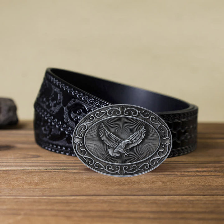 Men's DIY Antique Free Eagle Buckle Leather Belt - Antique Silver - Black Carved Belt (40) - image 18