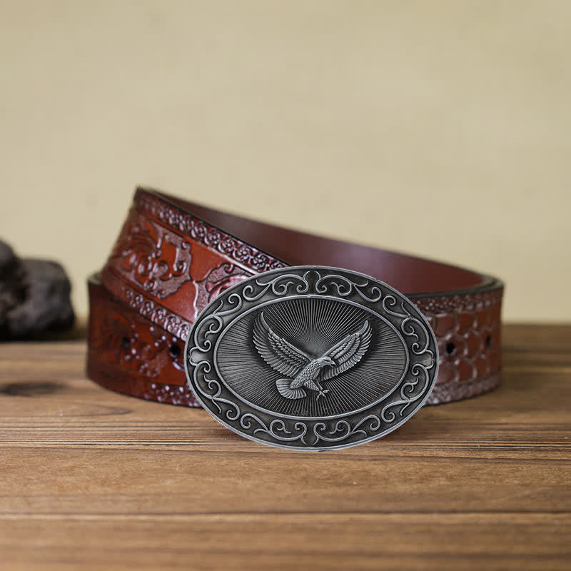 Men's DIY Antique Free Eagle Buckle Leather Belt - Antique Silver - Brown Carved Belt (40) - image 21