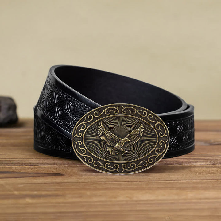 Men's DIY Antique Free Eagle Buckle Leather Belt - Antique Bronze - Black Embossed Weave Belt (40) - image 14