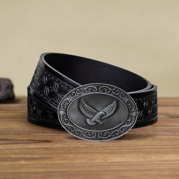 Men's DIY Antique Free Eagle Buckle Leather Belt - Antique Silver - Black Embossed Weave Belt (40) - image 15