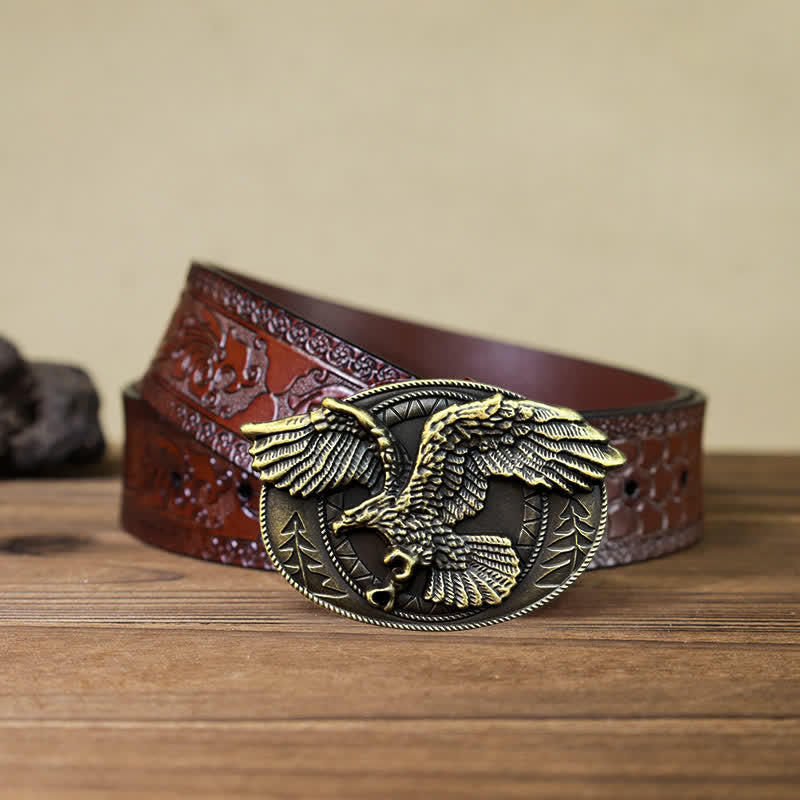 Men's DIY Flying Bald Eagle Buckle Leather Belt - Antique Bronze - Brown Carved Belt (40) - image 17