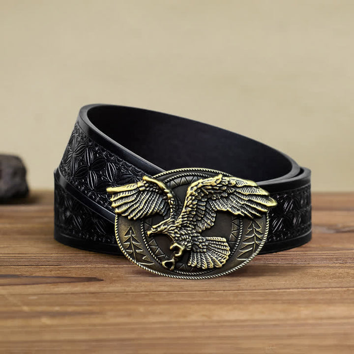 Men's DIY Flying Bald Eagle Buckle Leather Belt - Antique Bronze - Black Embossed Weave Belt (40) - image 11