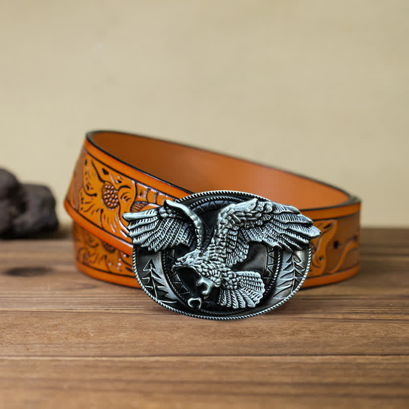 Men's DIY Flying Bald Eagle Buckle Leather Belt - Antique Silver - Orange Carved Belt (40) - image 24