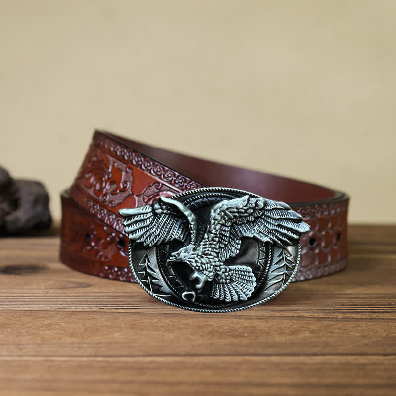 Men's DIY Flying Bald Eagle Buckle Leather Belt - Antique Silver - Brown Carved Belt (40) - image 18